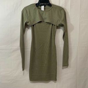 Revamped Women NWT Ribbed Knit Super Crop Top & Mini Dress Set in Olive